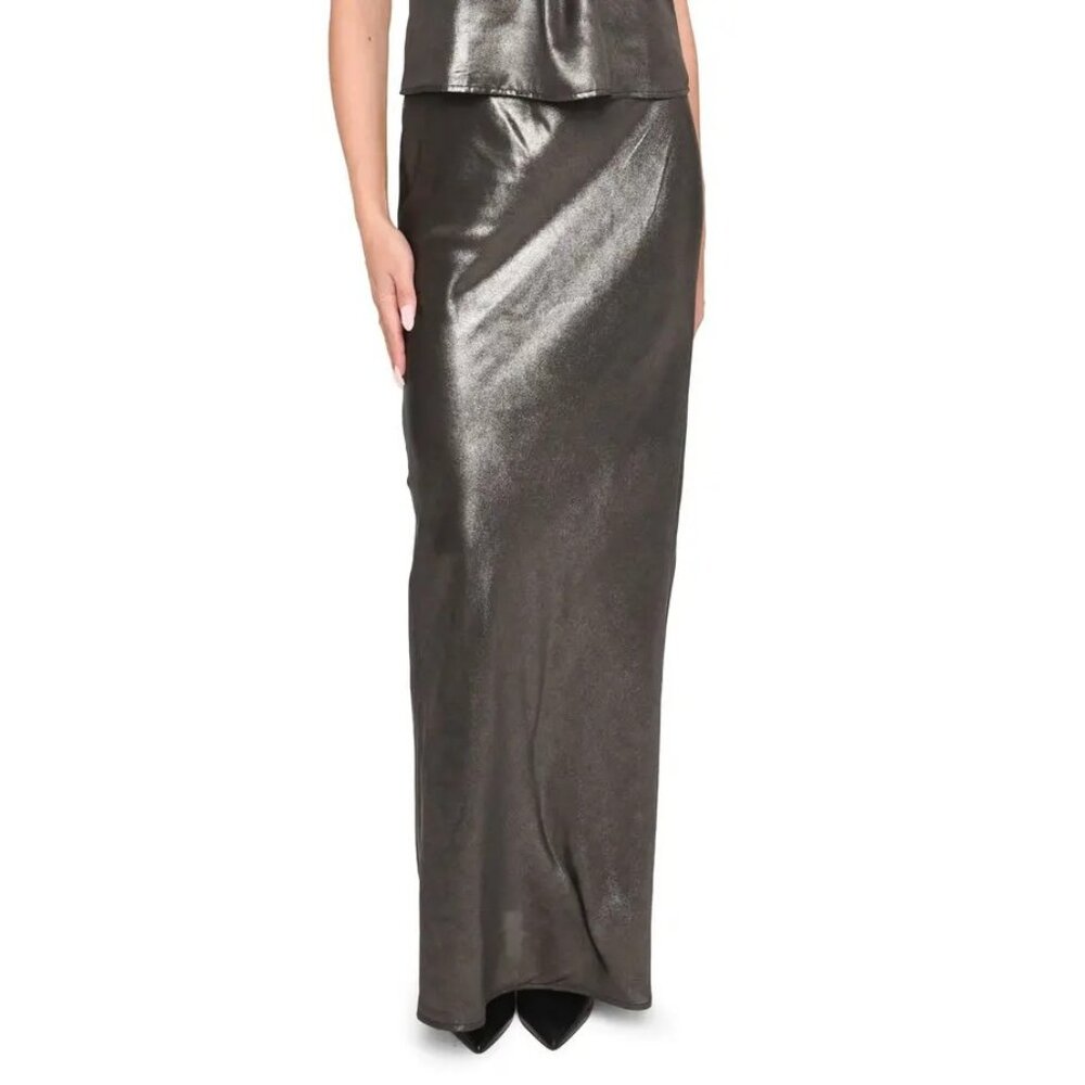 WAYF Selena Bias Maxi Skirt Metallic Gunmetal Shimmer SZ M NEW
